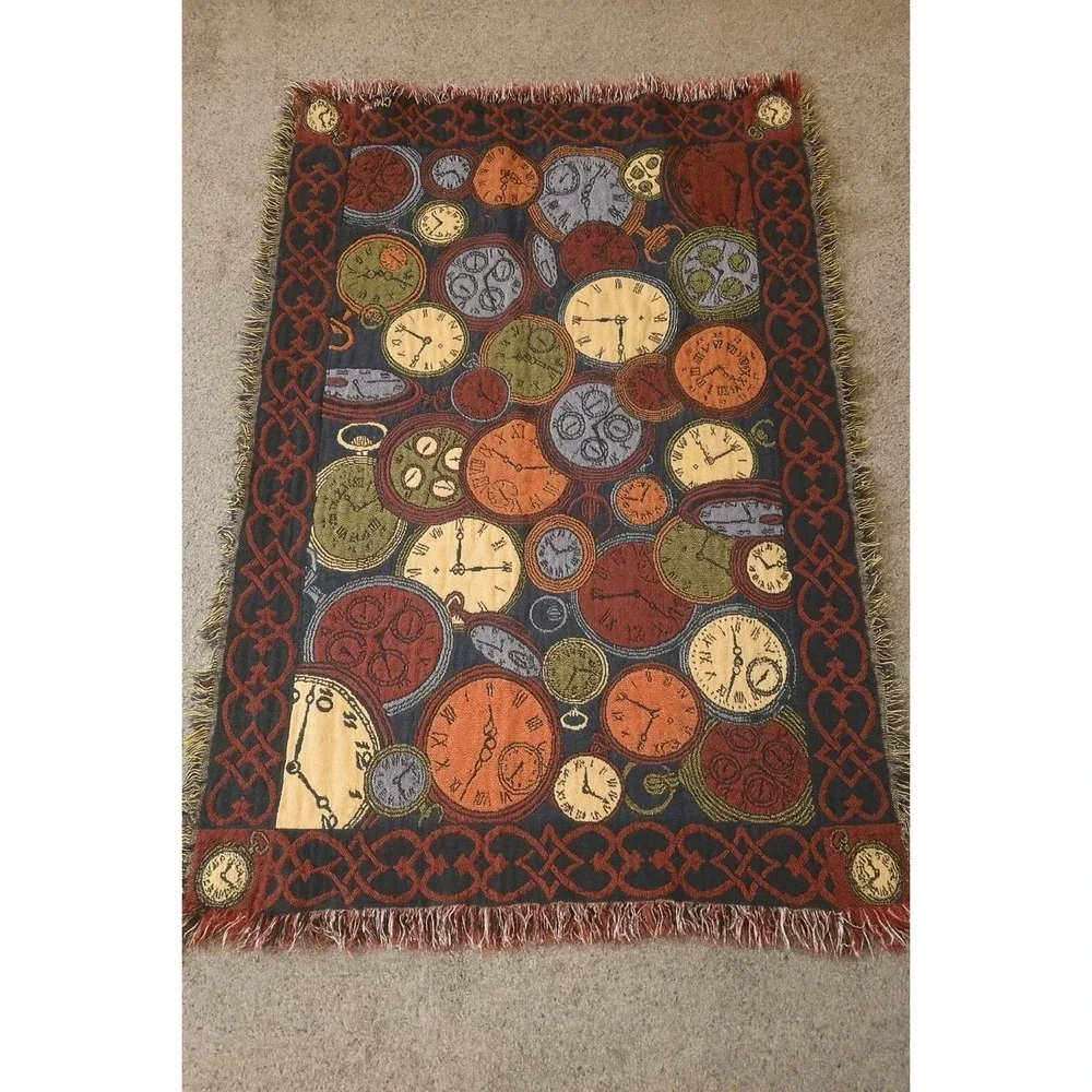 Vintage‎ Clock Tapestry Throw Blanket 61x42 Timepiece Art Fringe Wall Decor
